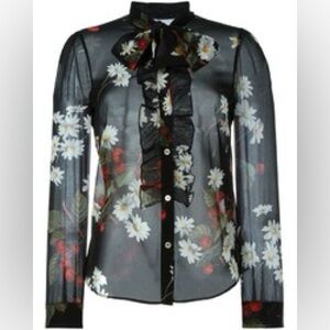 RED Valentino Sheer Cherry Print Bow Neck Blouse